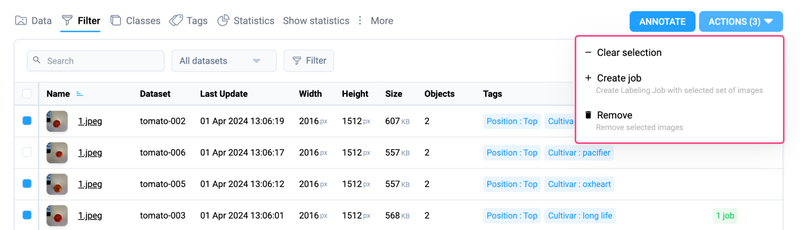 Applying actions to images of tomatoes from different datasets