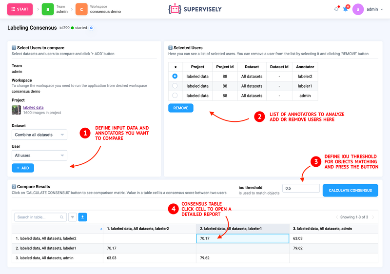 Example of the Labeling consensus app - settings and consensus table