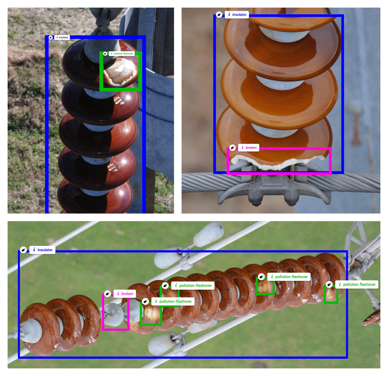 Examples of images labeled with three classes of objects: insulator, pollution flashover, broken.