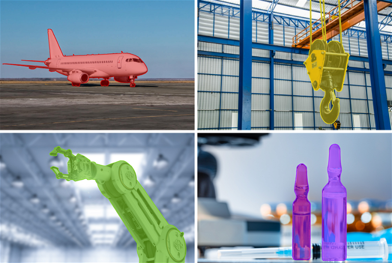 Object segmentation of an airline, factory crane hook, robotic hand and medical vial using Mask Pen tool