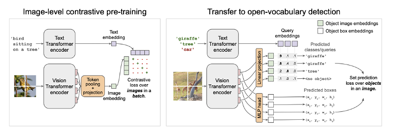 From the paper: Overview of the OWL-ViT method. Left: We first pre-train an image and text encoder contrastively using image-text pairs, similar to CLIP, ALIGN, and LiT. Right: We then transfer the pre-trained encoders to open-vocabulary object detection by removing token pooling and attaching lightweight object classification and localization heads directly to the image encoder output tokens. To achieve open-vocabulary detection, query strings are embedded with the text encoder and used for classification. The model is fine-tuned on standard detection datasets. At inference time, we can use text-derived embeddings for open-vocabulary detection, or image-derived embeddings for few-shot image-conditioned detection.