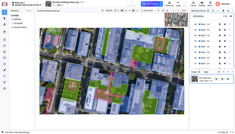 Buildings, courtyards and paved surfaces stored as separate polygons on a high-resolution urban image