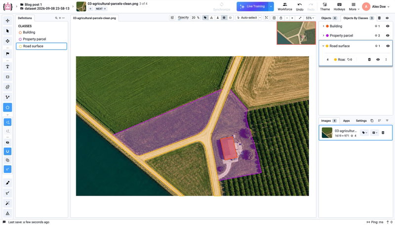 A property parcel, road surface and building annotated as separate polygons on an agricultural aerial image