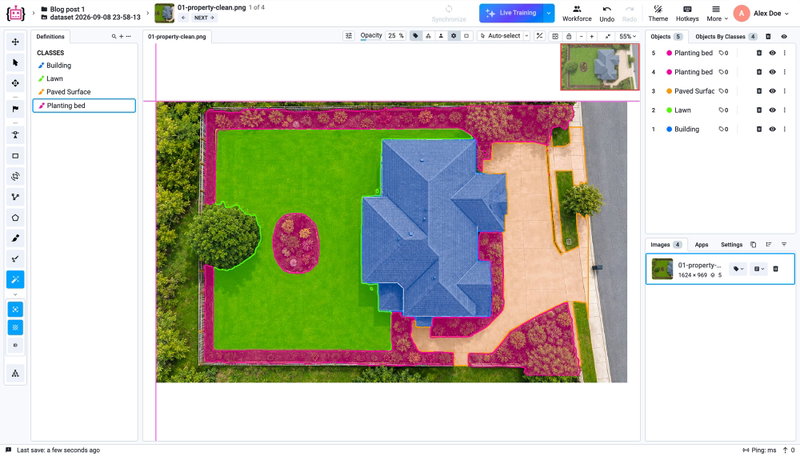Segment Anything masks for a building, lawn, paved surface and planting beds on an aerial image of a property