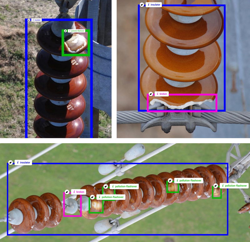 Examples of images labeled with three classes of objects: insulator, pollution flashover, broken.