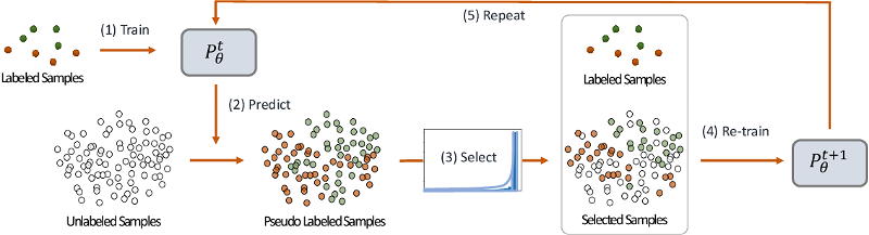 The model is (1) trained on the labeled samples, then this model is used to (2) predict and assign pseudo-labels for the unlabeled samples. Then the distribution of the prediction scores is used to (3) select a subset of pseudo-labeled samples. Then a new model is (4) re-trained with the labeled and pseudo-labeled samples. This process is (5) repeated by re-labeling unlabeled samples using this new model. [2]