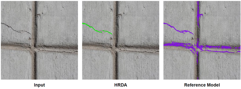 Crack segmentation by HRDA and the reference model, example 1