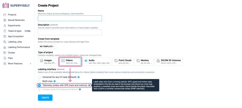 Create a Videos project and select the Telemetry labeling interface