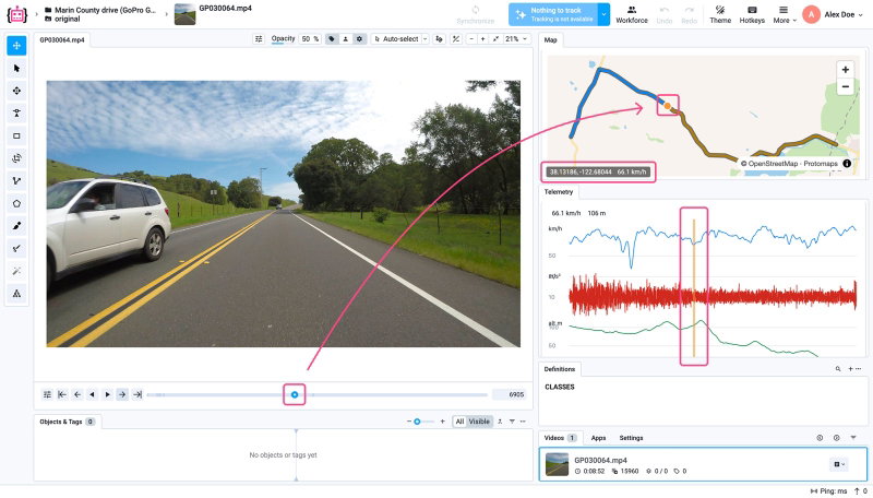 The Telemetry interface: the video, the GPS route with the camera's position, and speed, acceleration and altitude charts on one timeline