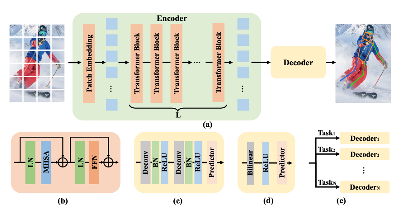 (a) The framework of ViTPose. (b) The transformer block. (c) The classic decoder. (d) The simple decoder. (e) The decoders for multiple datasets.